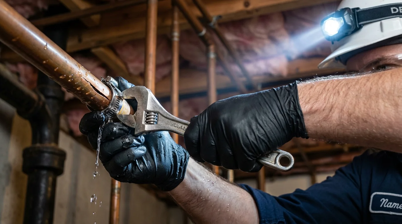 Emergency pipe clamp repair being performed by a Johns Plumbing LLC plumber in Forest