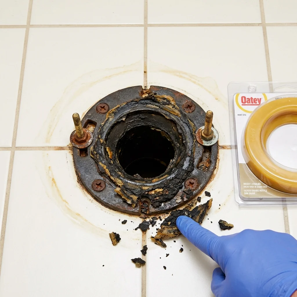 Failed wax ring showing water seepage at the base of a toilet in a Forest, MS home