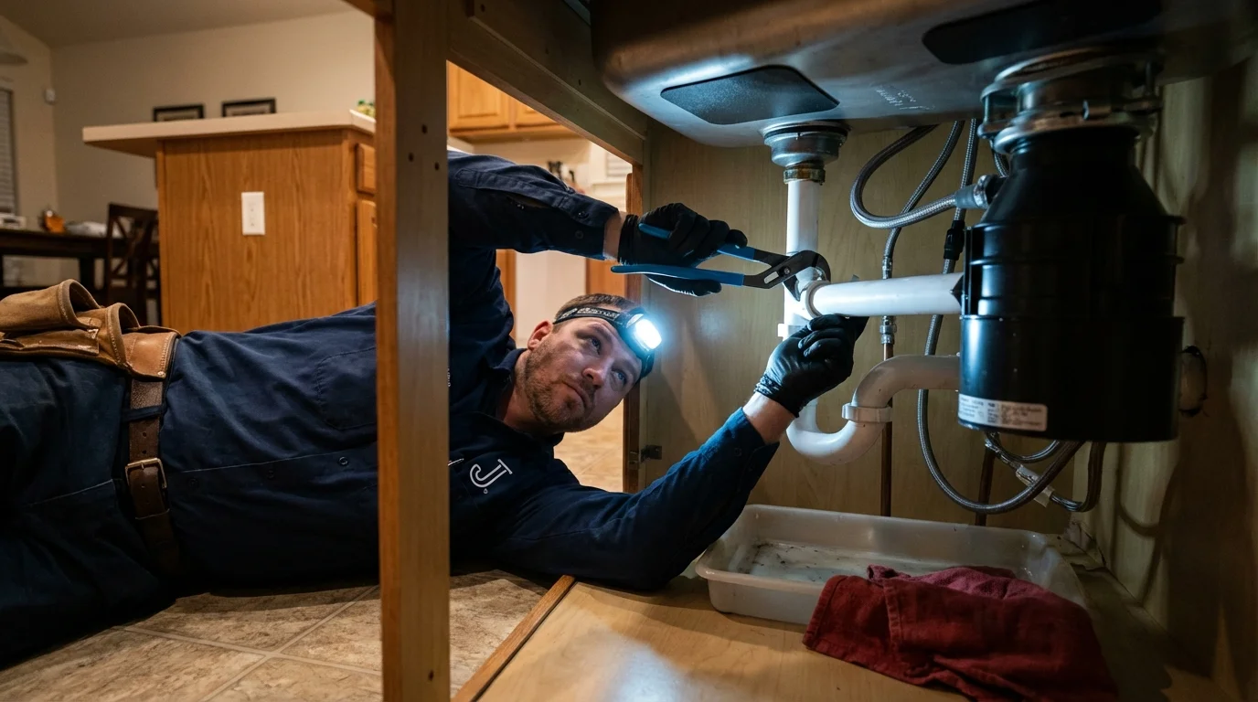 P-trap and supply line connections under a kitchen sink showing a common leak point in Forest, MS